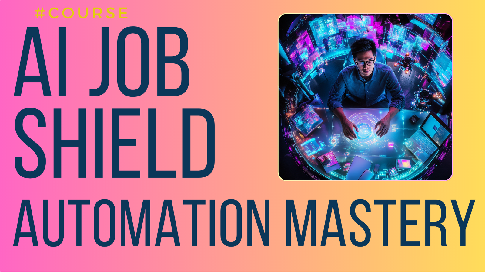 AI Job Shield Automation Mastery cover with professional building AI workflows in control room, automation track.