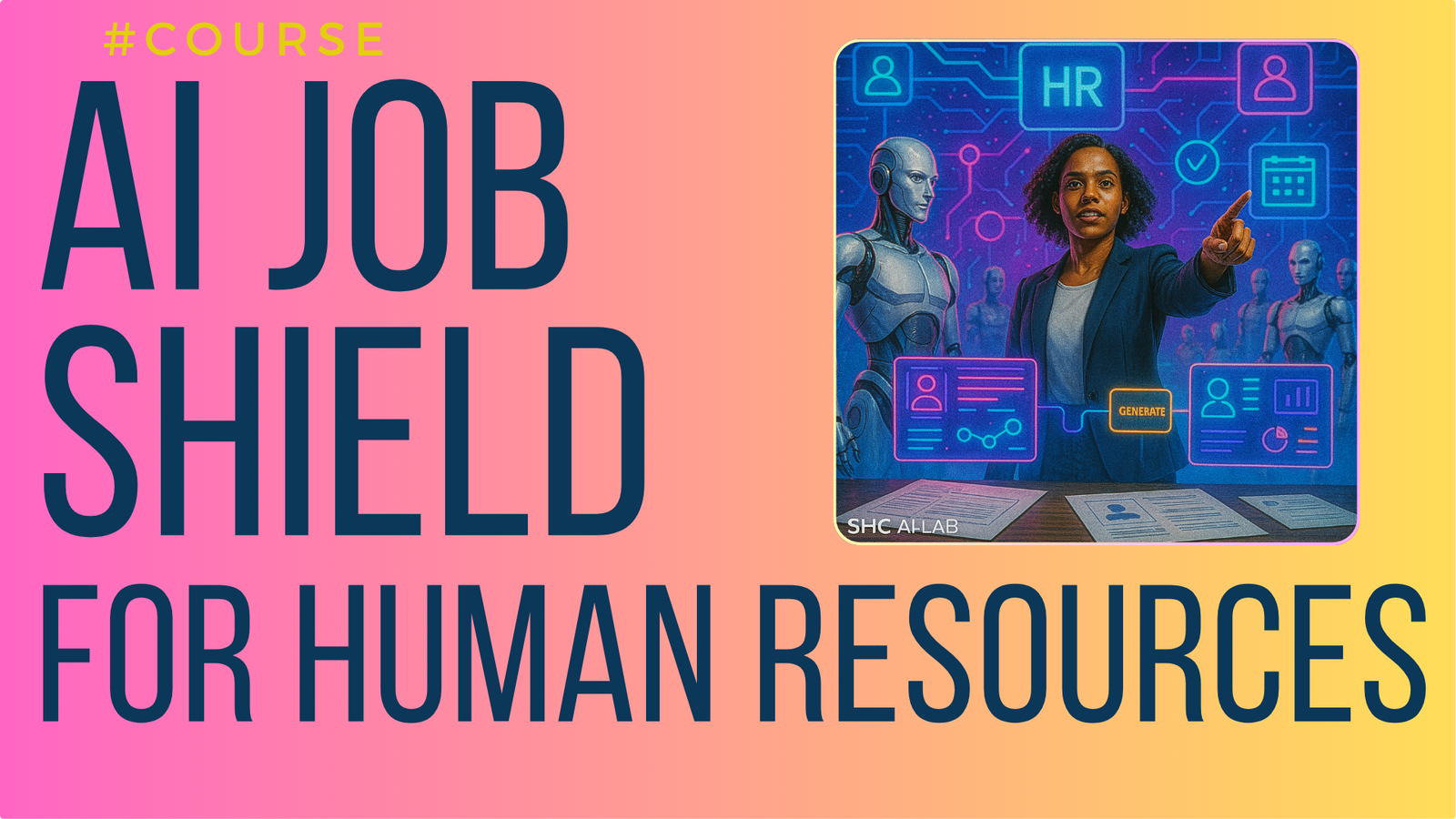 AI Job Shield for Human Resources cover with HR dashboard icons and AI assistant, HR workflow track.