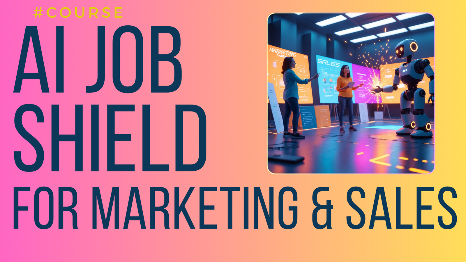 AI Job Shield for Marketing & Sales cover with team presenting dashboards to robot assistant, marketing track.