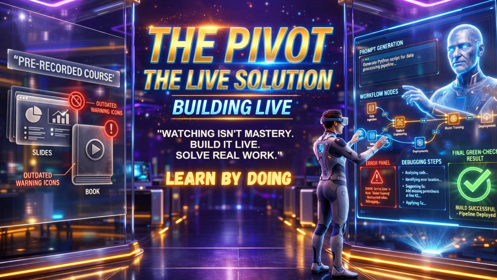 Live mentorship solution graphic showing building workflows live with prompt generation and debugging panels.
