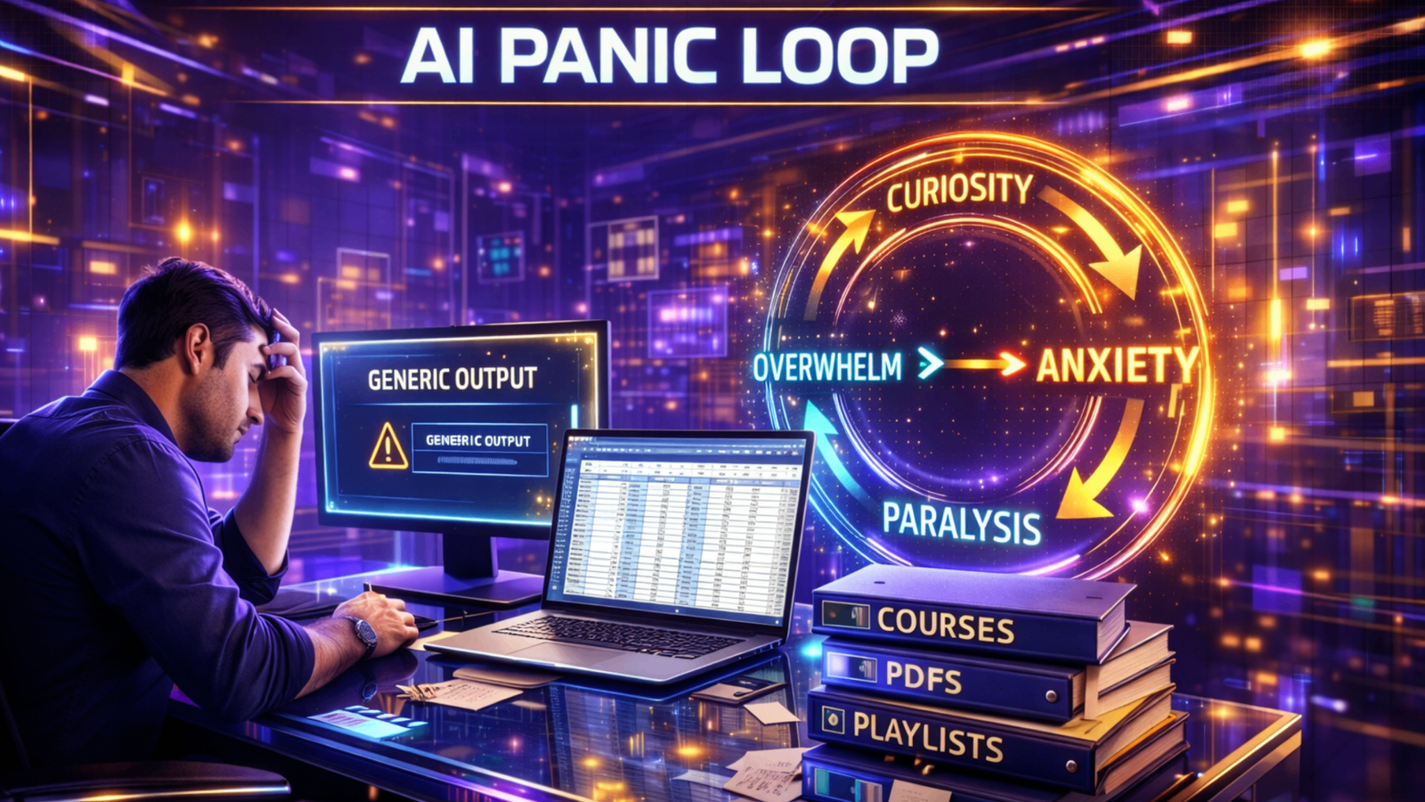 Overwhelmed professional at desk beside AI Panic Loop cycle showing curiosity, overwhelm, anxiety, paralysis.