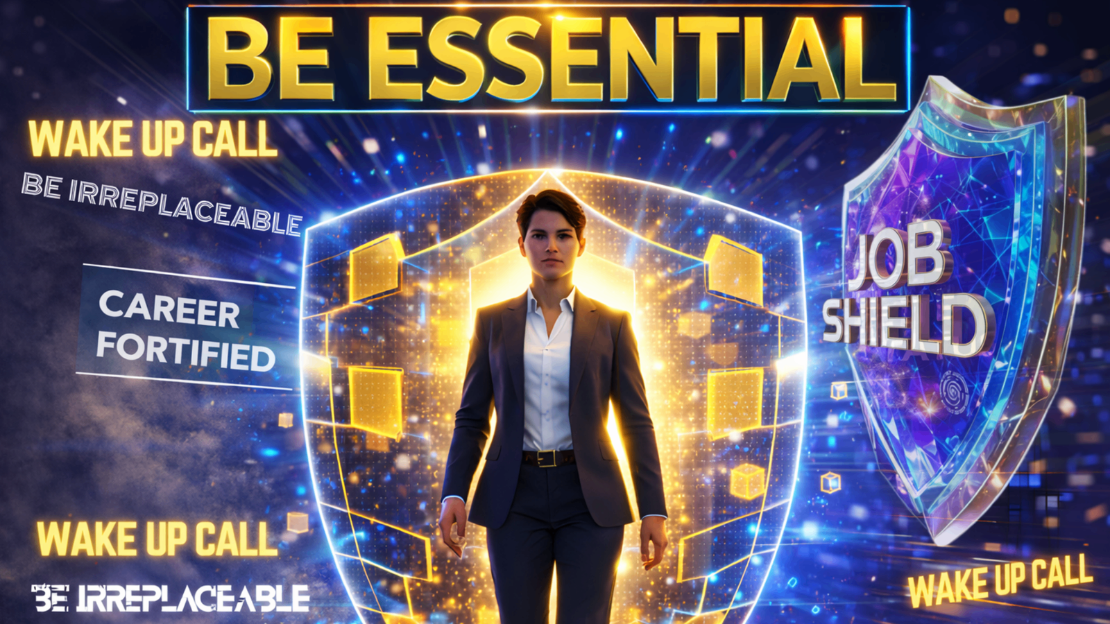 Professional standing in front of glowing shield with Job Shield graphic, wake-up call on AI career risk.