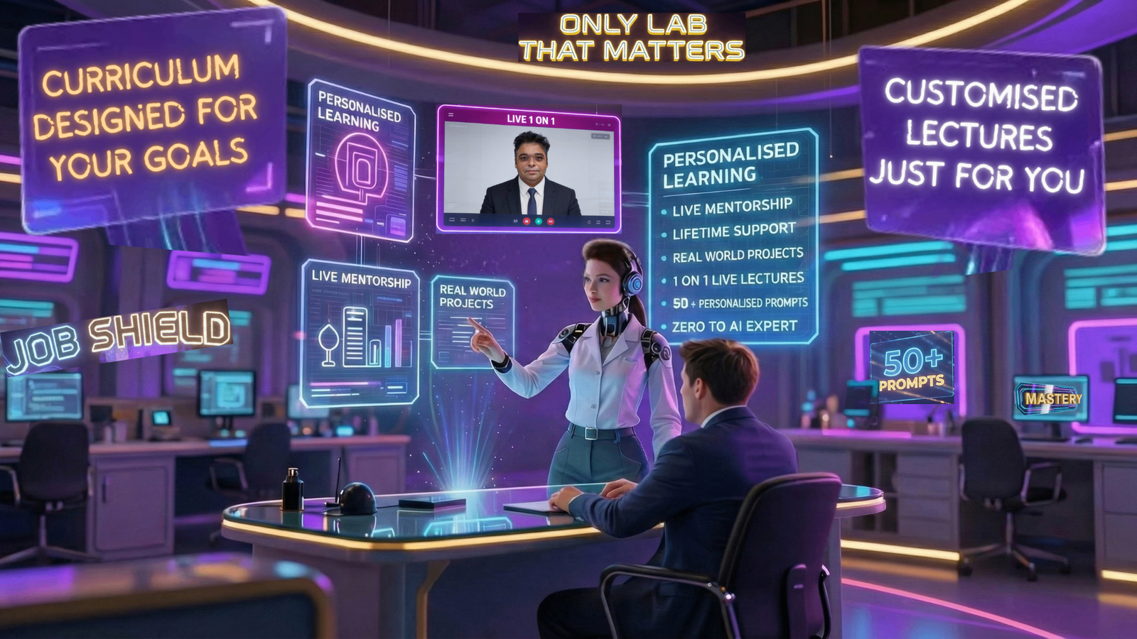 Elite AI mentorship lab scene with live 1-on-1 video call and curriculum panels, AI Job Shield section.
